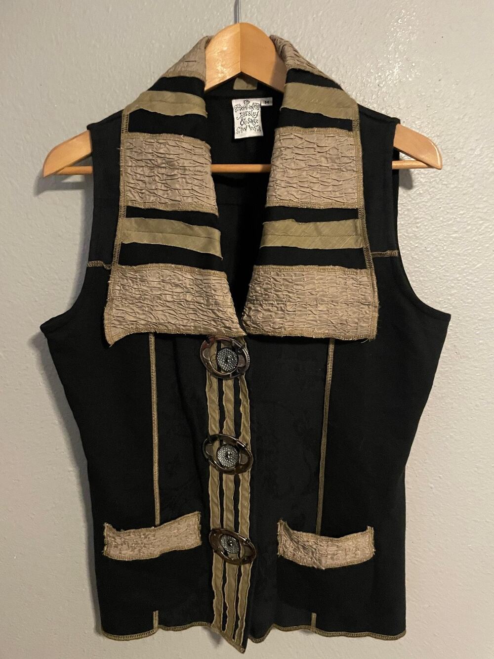 Parsley & Sage Vest Womens Medium Black Beige Snap Button Collared Boho Artsy
